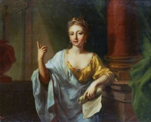 woman holding a scroll and pointing up
